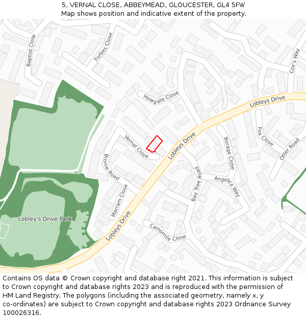 5, VERNAL CLOSE, ABBEYMEAD, GLOUCESTER, GL4 5FW: Location map and indicative extent of plot