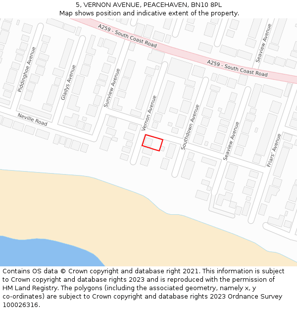 5, VERNON AVENUE, PEACEHAVEN, BN10 8PL: Location map and indicative extent of plot