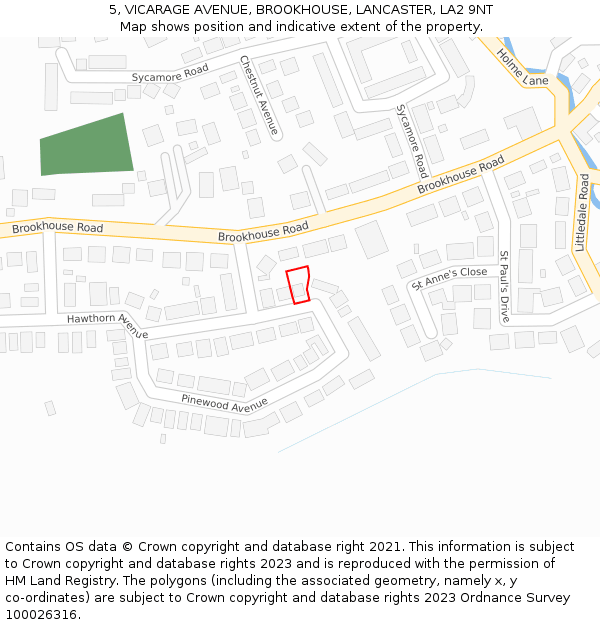 5, VICARAGE AVENUE, BROOKHOUSE, LANCASTER, LA2 9NT: Location map and indicative extent of plot