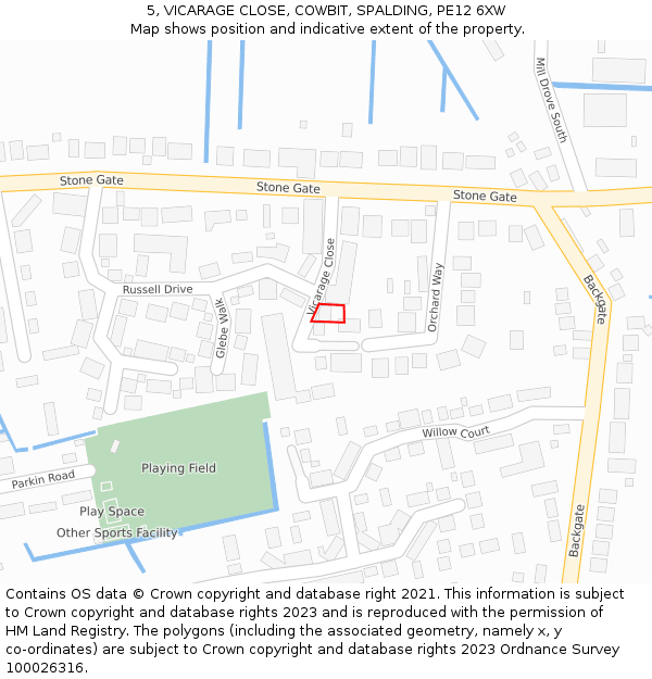 5, VICARAGE CLOSE, COWBIT, SPALDING, PE12 6XW: Location map and indicative extent of plot