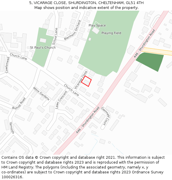 5, VICARAGE CLOSE, SHURDINGTON, CHELTENHAM, GL51 4TH: Location map and indicative extent of plot