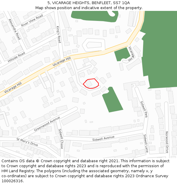 5, VICARAGE HEIGHTS, BENFLEET, SS7 1QA: Location map and indicative extent of plot