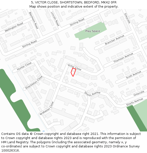 5, VICTOR CLOSE, SHORTSTOWN, BEDFORD, MK42 0FR: Location map and indicative extent of plot