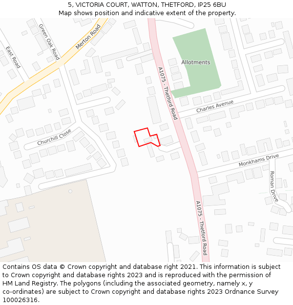 5, VICTORIA COURT, WATTON, THETFORD, IP25 6BU: Location map and indicative extent of plot