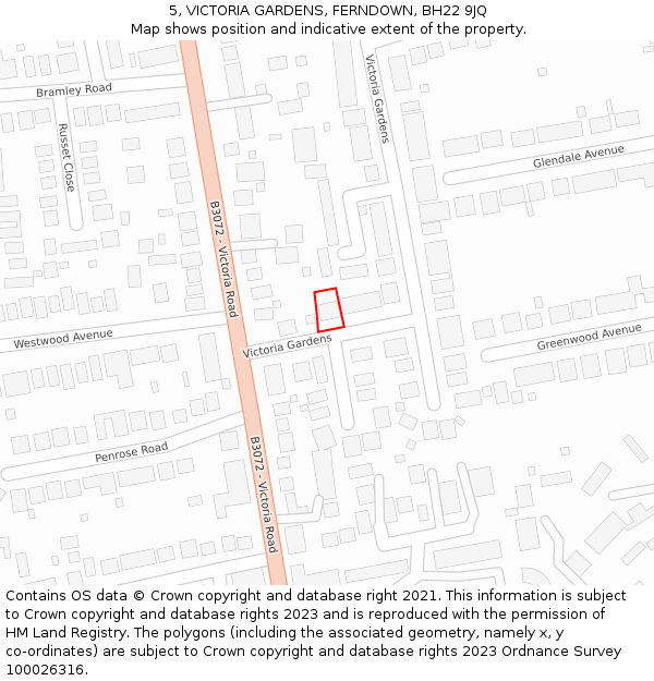 5, VICTORIA GARDENS, FERNDOWN, BH22 9JQ: Location map and indicative extent of plot