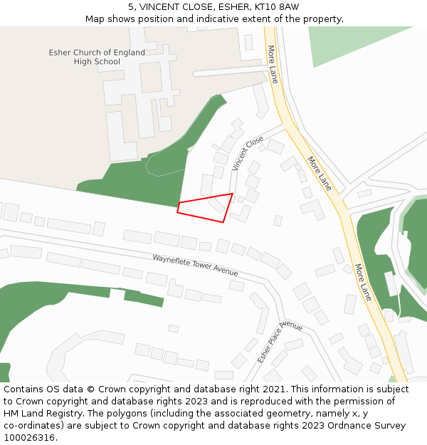 5, VINCENT CLOSE, ESHER, KT10 8AW: Location map and indicative extent of plot