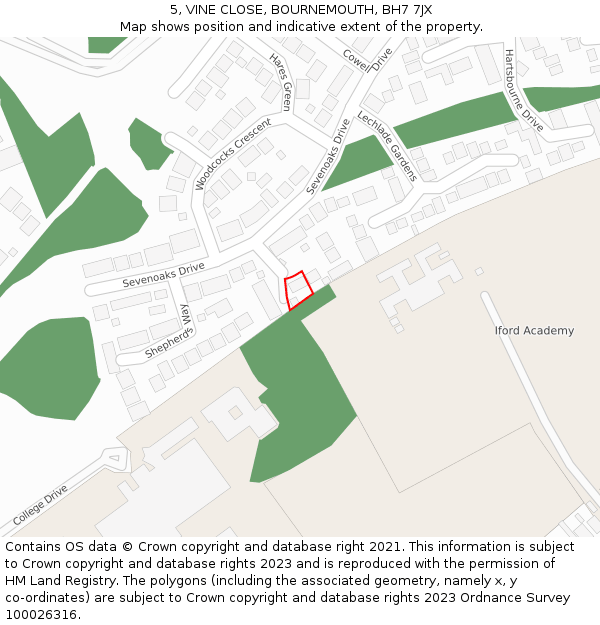 5, VINE CLOSE, BOURNEMOUTH, BH7 7JX: Location map and indicative extent of plot