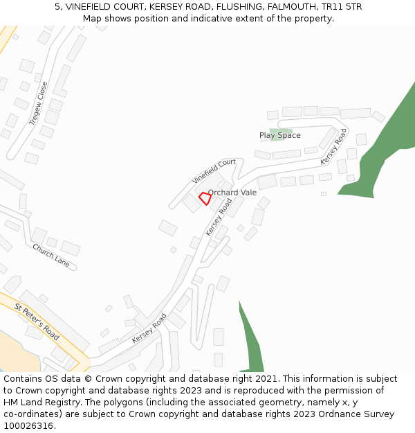 5, VINEFIELD COURT, KERSEY ROAD, FLUSHING, FALMOUTH, TR11 5TR: Location map and indicative extent of plot