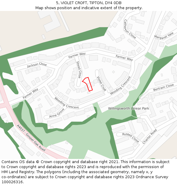 5, VIOLET CROFT, TIPTON, DY4 0DB: Location map and indicative extent of plot
