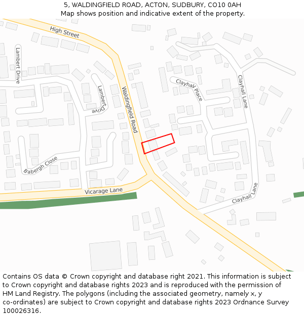 5, WALDINGFIELD ROAD, ACTON, SUDBURY, CO10 0AH: Location map and indicative extent of plot