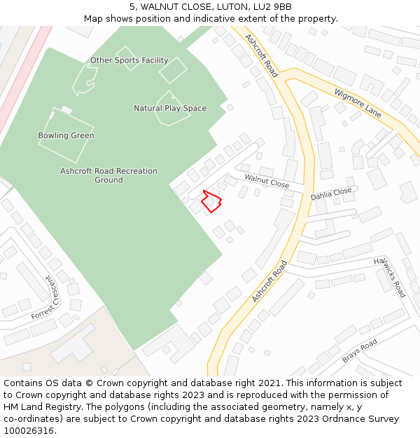 5, WALNUT CLOSE, LUTON, LU2 9BB: Location map and indicative extent of plot