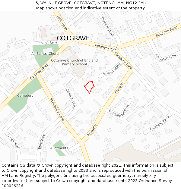 5, WALNUT GROVE, COTGRAVE, NOTTINGHAM, NG12 3AU: Location map and indicative extent of plot