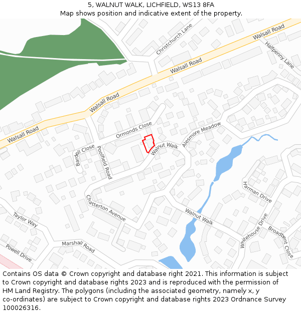 5, WALNUT WALK, LICHFIELD, WS13 8FA: Location map and indicative extent of plot