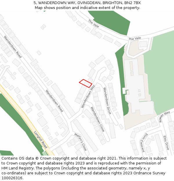 5, WANDERDOWN WAY, OVINGDEAN, BRIGHTON, BN2 7BX: Location map and indicative extent of plot