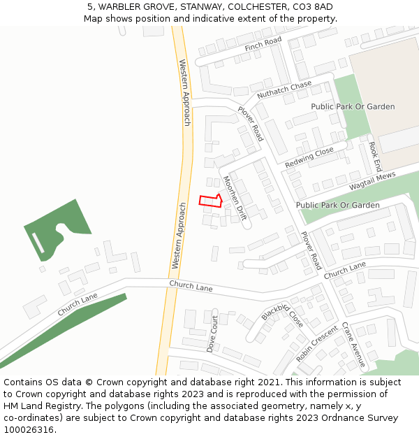 5, WARBLER GROVE, STANWAY, COLCHESTER, CO3 8AD: Location map and indicative extent of plot