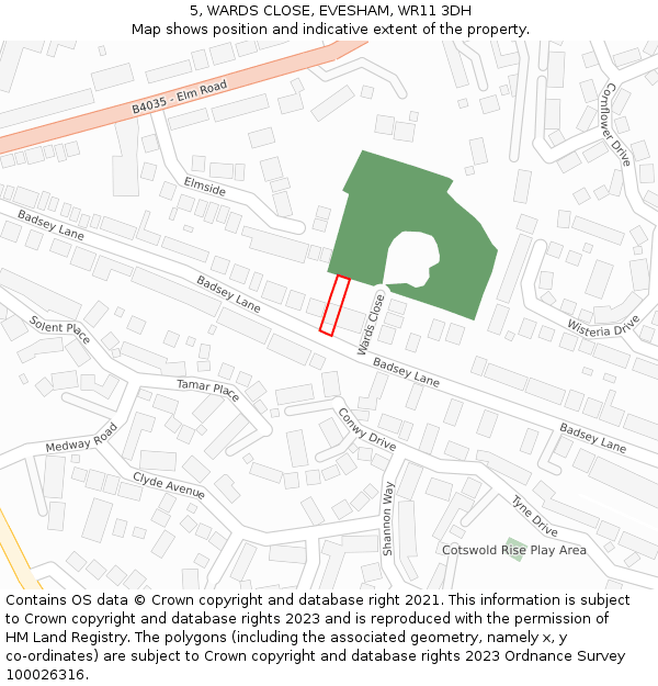 5, WARDS CLOSE, EVESHAM, WR11 3DH: Location map and indicative extent of plot