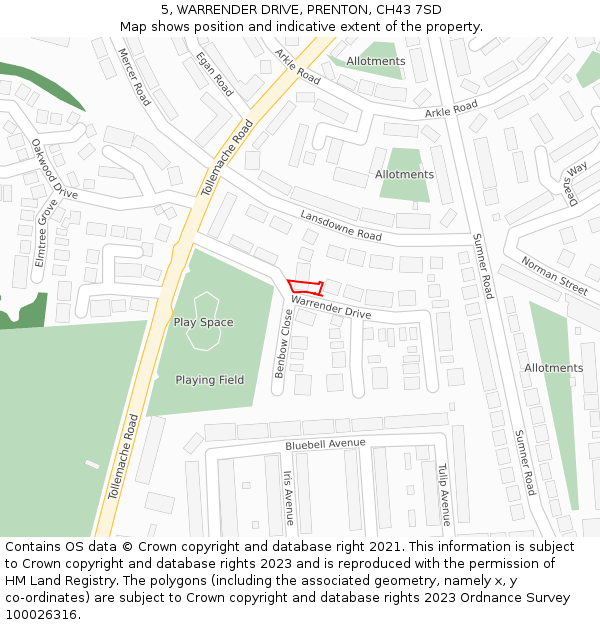 5, WARRENDER DRIVE, PRENTON, CH43 7SD: Location map and indicative extent of plot