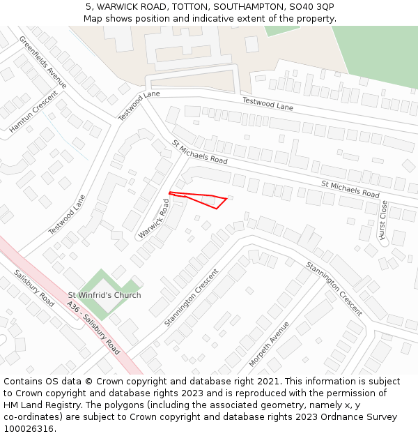 5, WARWICK ROAD, TOTTON, SOUTHAMPTON, SO40 3QP: Location map and indicative extent of plot