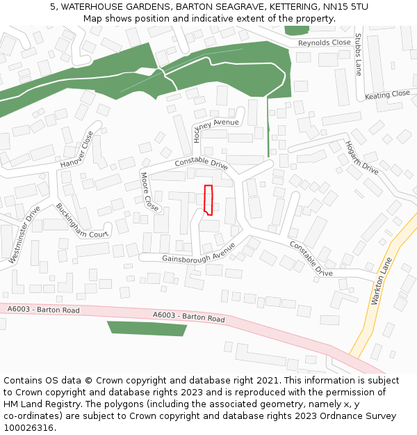 5, WATERHOUSE GARDENS, BARTON SEAGRAVE, KETTERING, NN15 5TU: Location map and indicative extent of plot