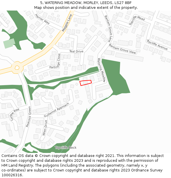 5, WATERING MEADOW, MORLEY, LEEDS, LS27 8BF: Location map and indicative extent of plot