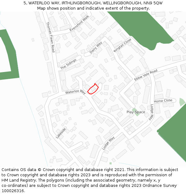 5, WATERLOO WAY, IRTHLINGBOROUGH, WELLINGBOROUGH, NN9 5QW: Location map and indicative extent of plot