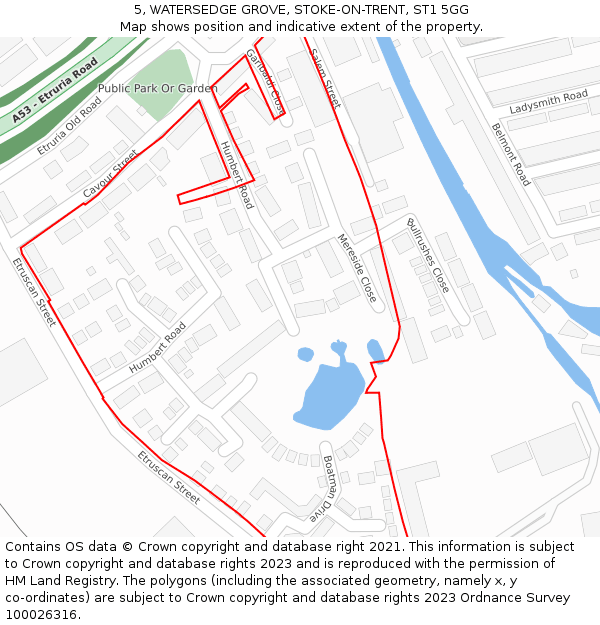 5, WATERSEDGE GROVE, STOKE-ON-TRENT, ST1 5GG: Location map and indicative extent of plot