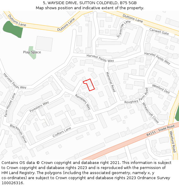 5, WAYSIDE DRIVE, SUTTON COLDFIELD, B75 5GB: Location map and indicative extent of plot