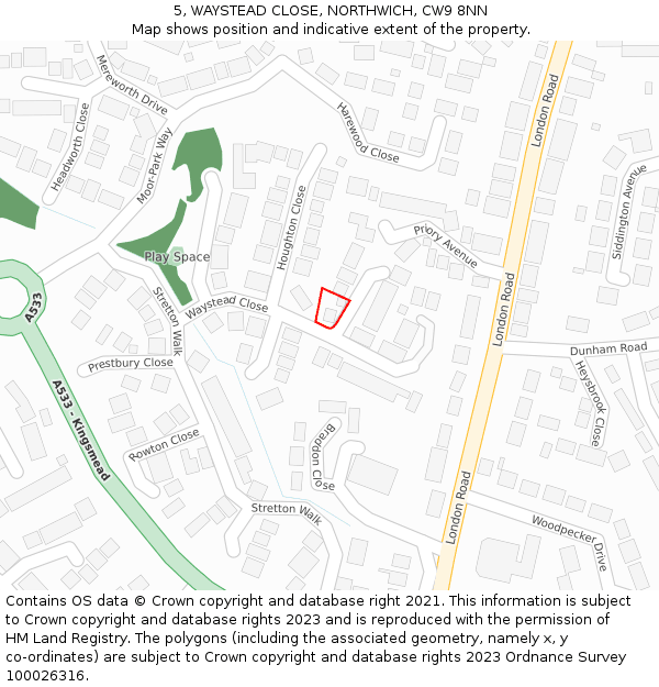 5, WAYSTEAD CLOSE, NORTHWICH, CW9 8NN: Location map and indicative extent of plot