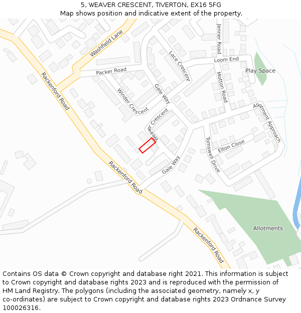 5, WEAVER CRESCENT, TIVERTON, EX16 5FG: Location map and indicative extent of plot