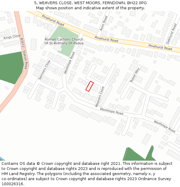 5, WEAVERS CLOSE, WEST MOORS, FERNDOWN, BH22 0PG: Location map and indicative extent of plot