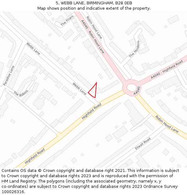 5, WEBB LANE, BIRMINGHAM, B28 0EB: Location map and indicative extent of plot