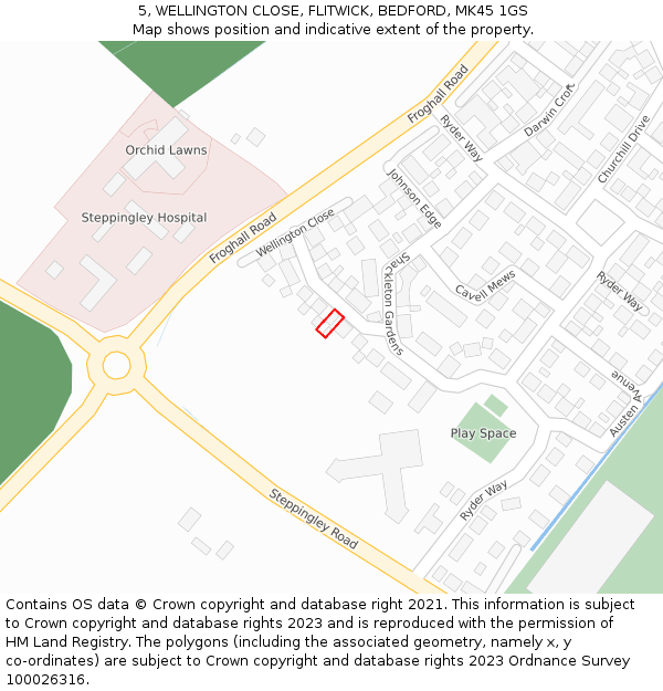 5, WELLINGTON CLOSE, FLITWICK, BEDFORD, MK45 1GS: Location map and indicative extent of plot