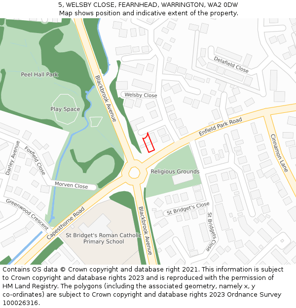 5, WELSBY CLOSE, FEARNHEAD, WARRINGTON, WA2 0DW: Location map and indicative extent of plot