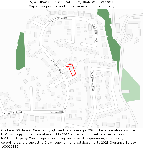 5, WENTWORTH CLOSE, WEETING, BRANDON, IP27 0GB: Location map and indicative extent of plot