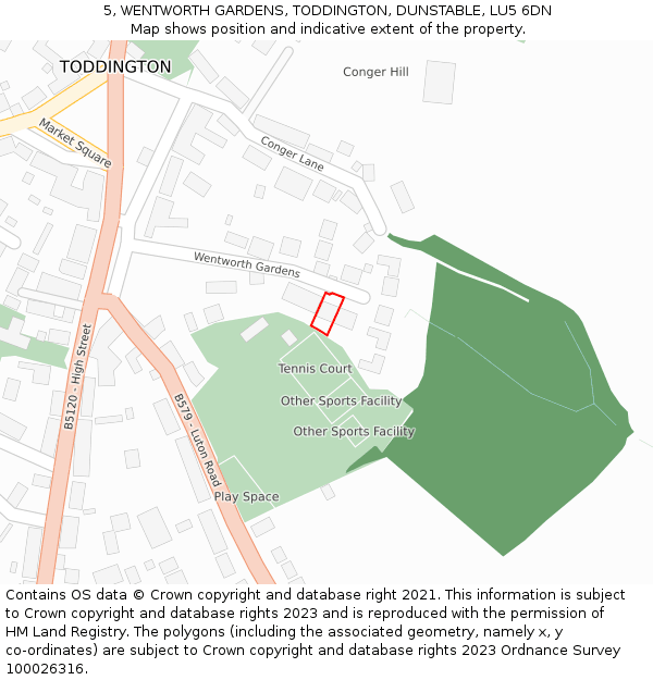 5, WENTWORTH GARDENS, TODDINGTON, DUNSTABLE, LU5 6DN: Location map and indicative extent of plot