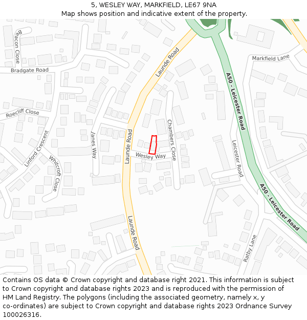 5, WESLEY WAY, MARKFIELD, LE67 9NA: Location map and indicative extent of plot
