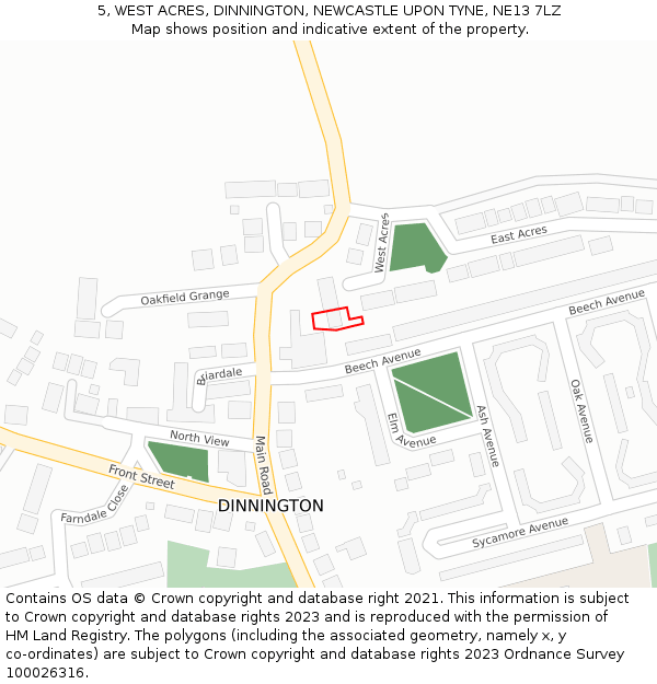 5, WEST ACRES, DINNINGTON, NEWCASTLE UPON TYNE, NE13 7LZ: Location map and indicative extent of plot
