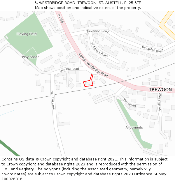 5, WESTBRIDGE ROAD, TREWOON, ST. AUSTELL, PL25 5TE: Location map and indicative extent of plot