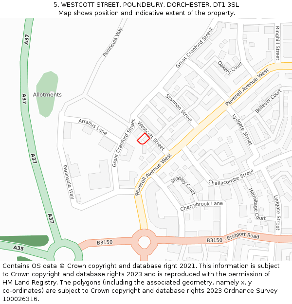 5, WESTCOTT STREET, POUNDBURY, DORCHESTER, DT1 3SL: Location map and indicative extent of plot