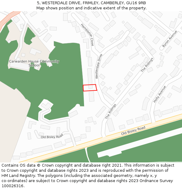 5, WESTERDALE DRIVE, FRIMLEY, CAMBERLEY, GU16 9RB: Location map and indicative extent of plot