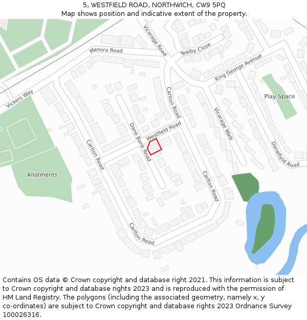 5, WESTFIELD ROAD, NORTHWICH, CW9 5PQ: Location map and indicative extent of plot