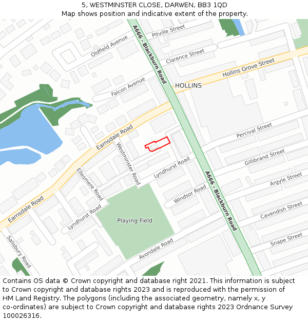 5, WESTMINSTER CLOSE, DARWEN, BB3 1QD: Location map and indicative extent of plot