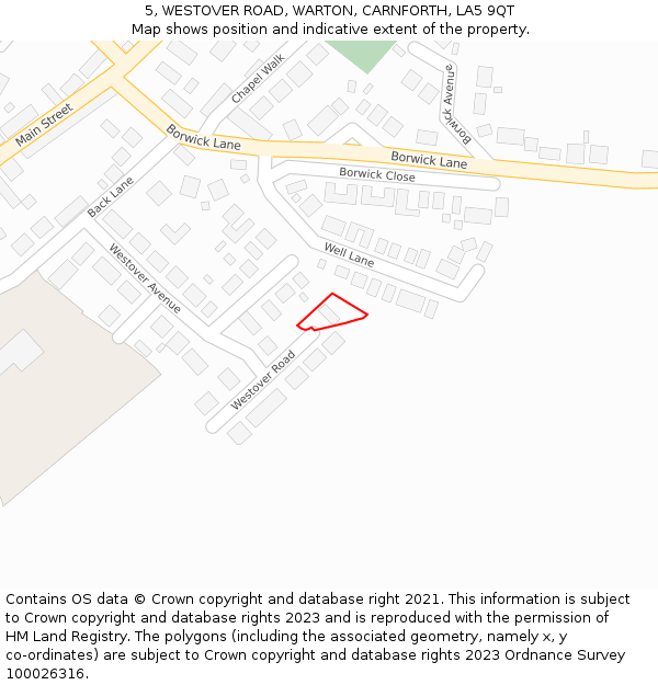 5, WESTOVER ROAD, WARTON, CARNFORTH, LA5 9QT: Location map and indicative extent of plot