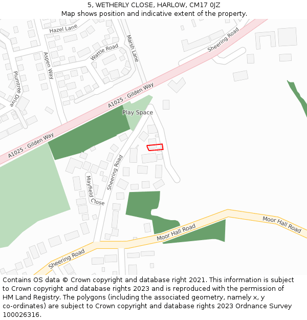 5, WETHERLY CLOSE, HARLOW, CM17 0JZ: Location map and indicative extent of plot