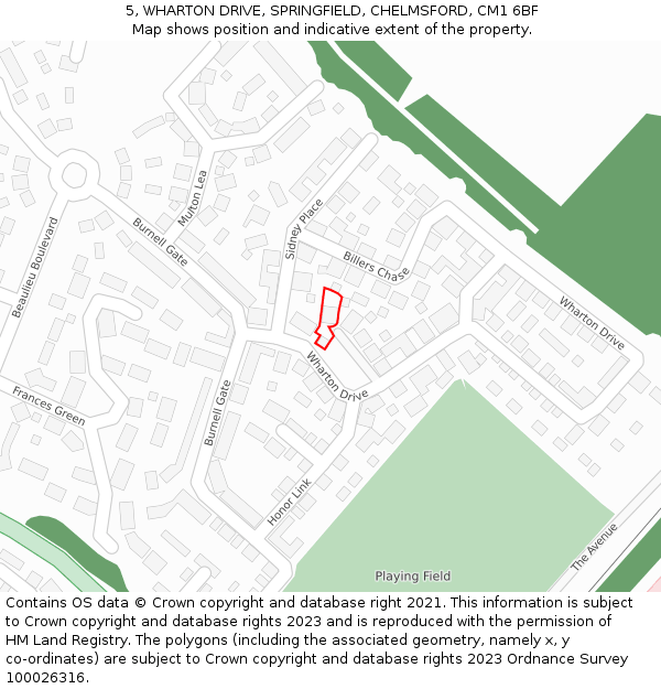 5, WHARTON DRIVE, SPRINGFIELD, CHELMSFORD, CM1 6BF: Location map and indicative extent of plot