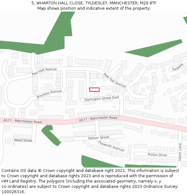 5, WHARTON HALL CLOSE, TYLDESLEY, MANCHESTER, M29 8TF: Location map and indicative extent of plot