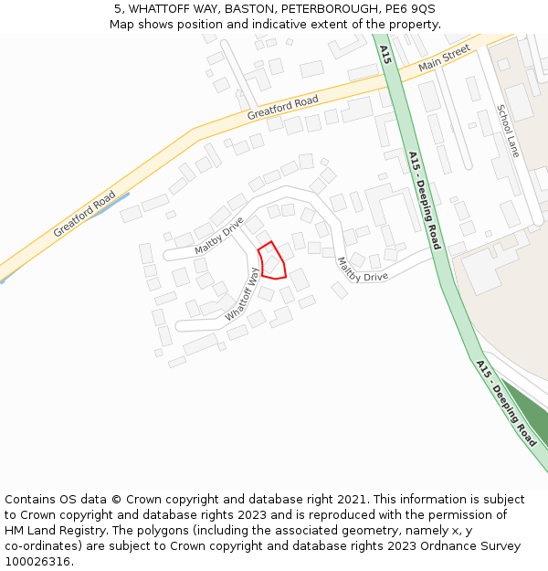 5, WHATTOFF WAY, BASTON, PETERBOROUGH, PE6 9QS: Location map and indicative extent of plot