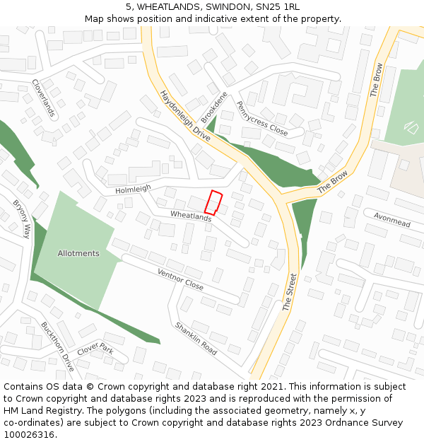 5, WHEATLANDS, SWINDON, SN25 1RL: Location map and indicative extent of plot