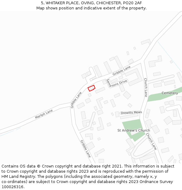 5, WHITAKER PLACE, OVING, CHICHESTER, PO20 2AF: Location map and indicative extent of plot