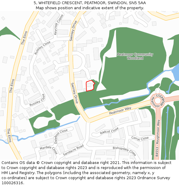 5, WHITEFIELD CRESCENT, PEATMOOR, SWINDON, SN5 5AA: Location map and indicative extent of plot